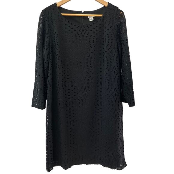 J. Crew Jet Black Eyelet‎ Lace 3/4 Sleeve Knee Length Shift Dress Size 12 - Picture 1 of 8